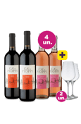 Kit 4 - Ca De Pioppi Tinto e Rosé + 2 Taças Cristal Grátis