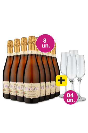 Kit 12 - 8 Espumantes Maraví Moscatel + 4 Taças Cristal Espumante Grátis