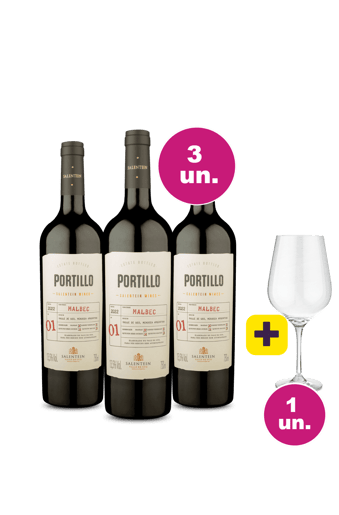 Kit 3 - Portillo Malbec + Taça Cristal Premium 765 mL Grátis