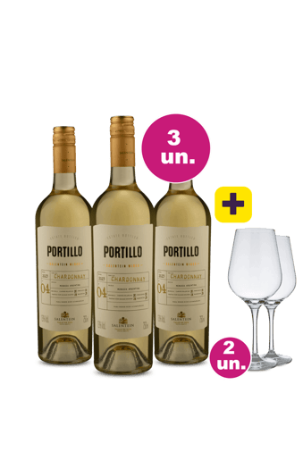 Kit 3 - Portillo Valle De Uco Chardonnay + 2 Taças Cristal Grátis