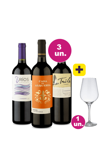 Kit 3 por 99 - Chilenos Carmenérè + Taça Cristal Grátis - Oferta Insana