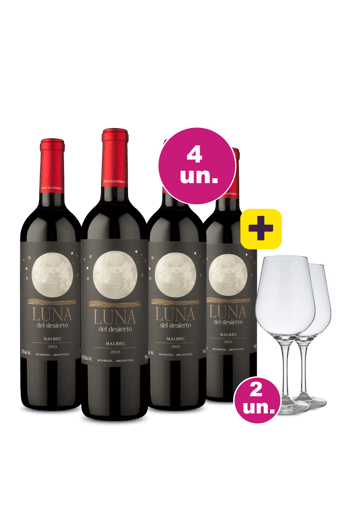 Kit 4 - Lançamento Luna Del Desierto Malbec + 2 Taças Cristal