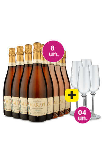 Kit 12  - 8 Espumantes Maraví Brut + 4 Taças Cristal Espumante Grátis