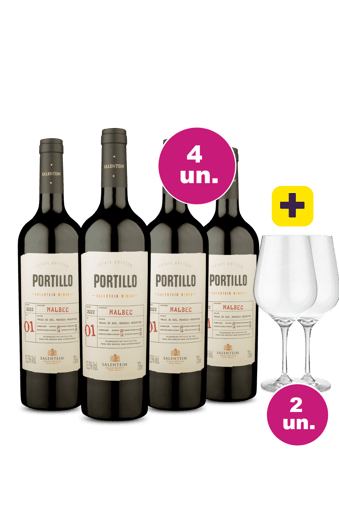 Kit 4 - Argentino Malbec Portillo + 2 Taça Cristal Premium 765 mL Grátis