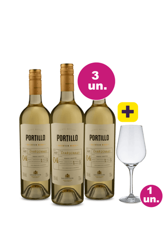 Kit 3 - Portillo Chardonnay + Taça de Cristal 650 ml Grátis - Oferta Insana