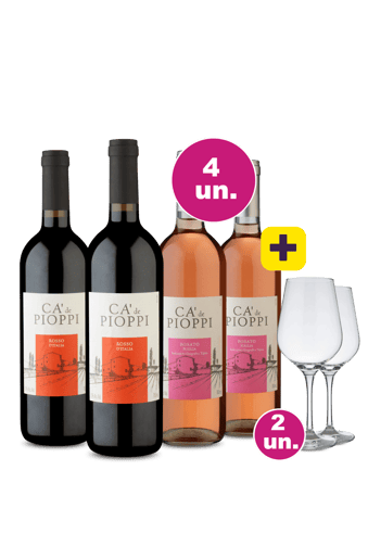 Kit 4 - Ca De Pioppi Tinto e Rosé + 2 Taças Cristal Grátis